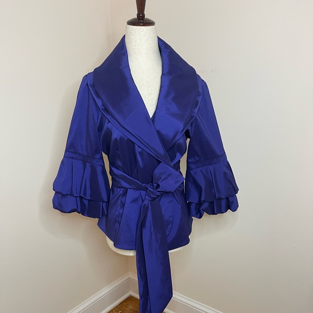 Joseph Ribkoff Vintage Satin Ruffle Sleeve Jacket Blue Size 12